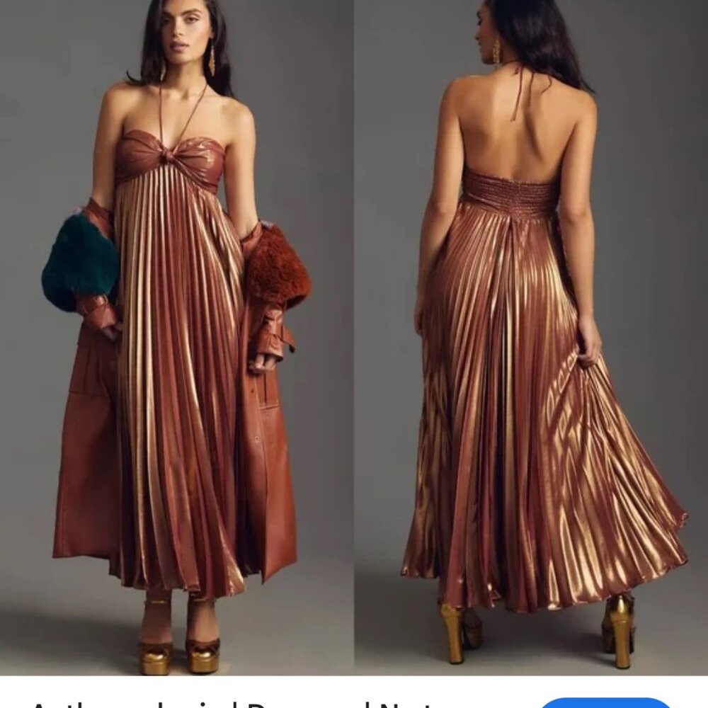 new ANTHROPOLOGIE plisse metallic maxi dress xl